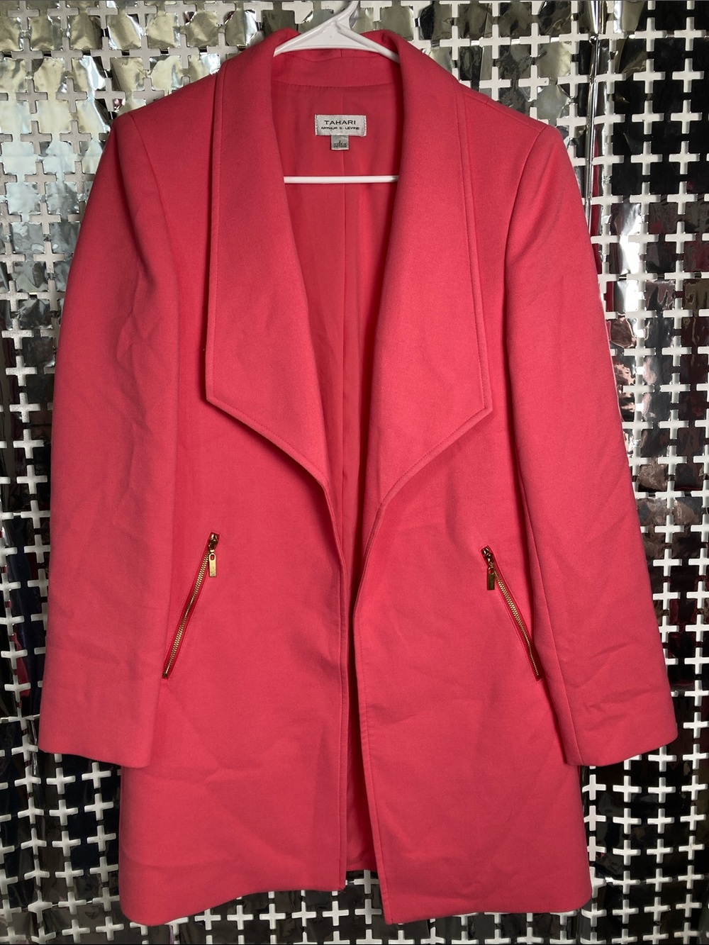 Tahari ASL Coral Pink Open-Front Wool-Blend Blazer Coat